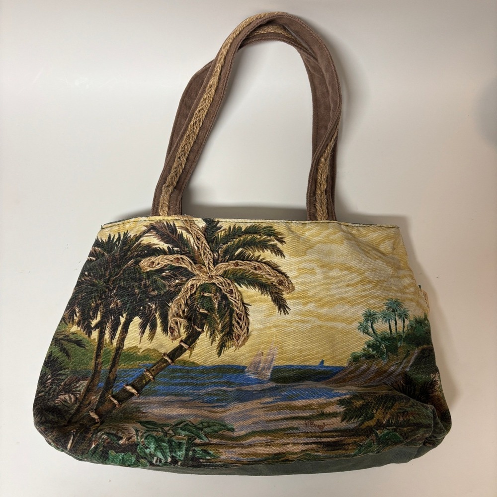 VTG Paul Brent Sun N Sand Tropical Palm Tree Canvas Tote Bag Green Tan Beach